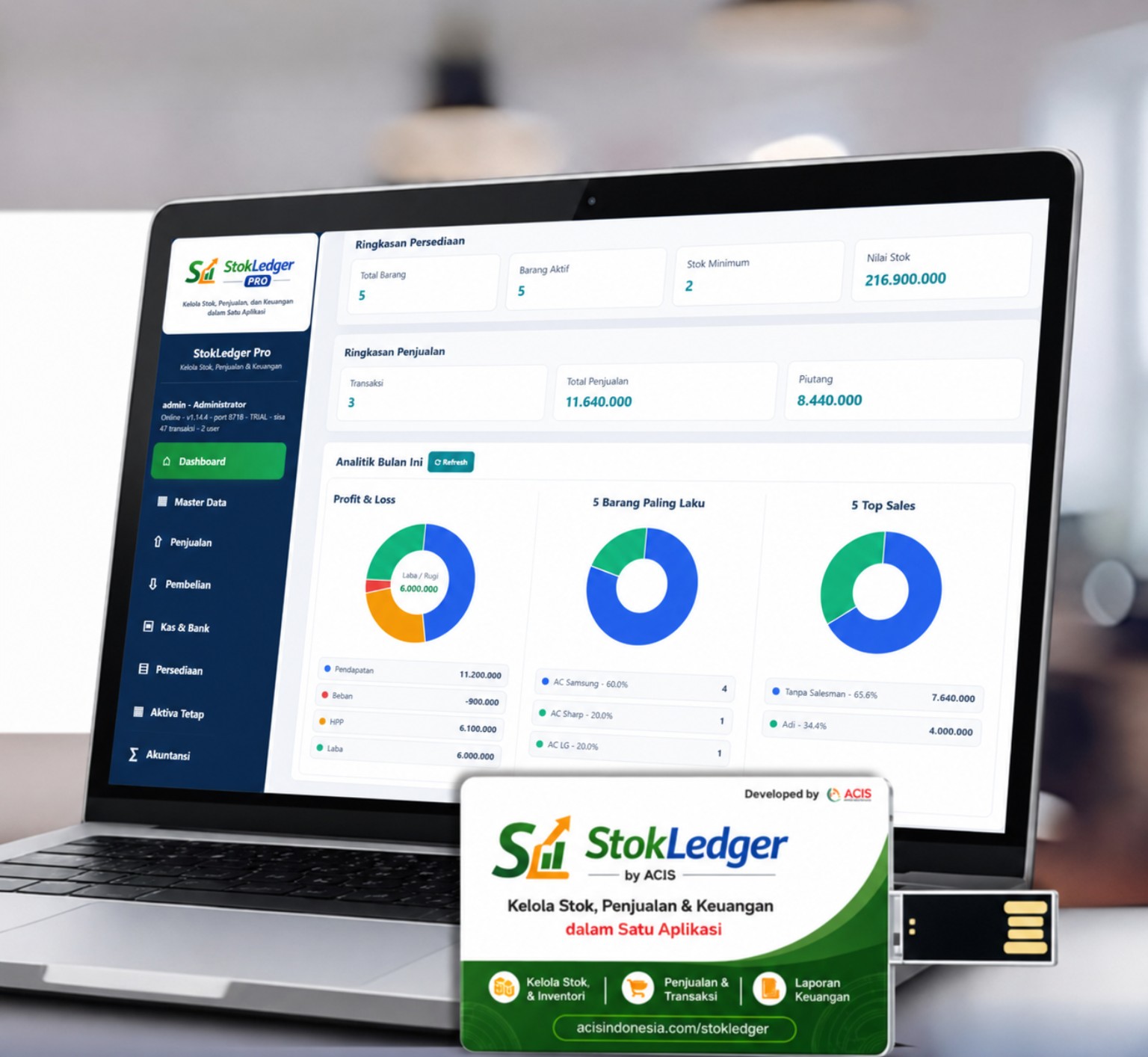 StokLedger Pro tampil pada laptop dengan dashboard stok, penjualan, dan akuntansi